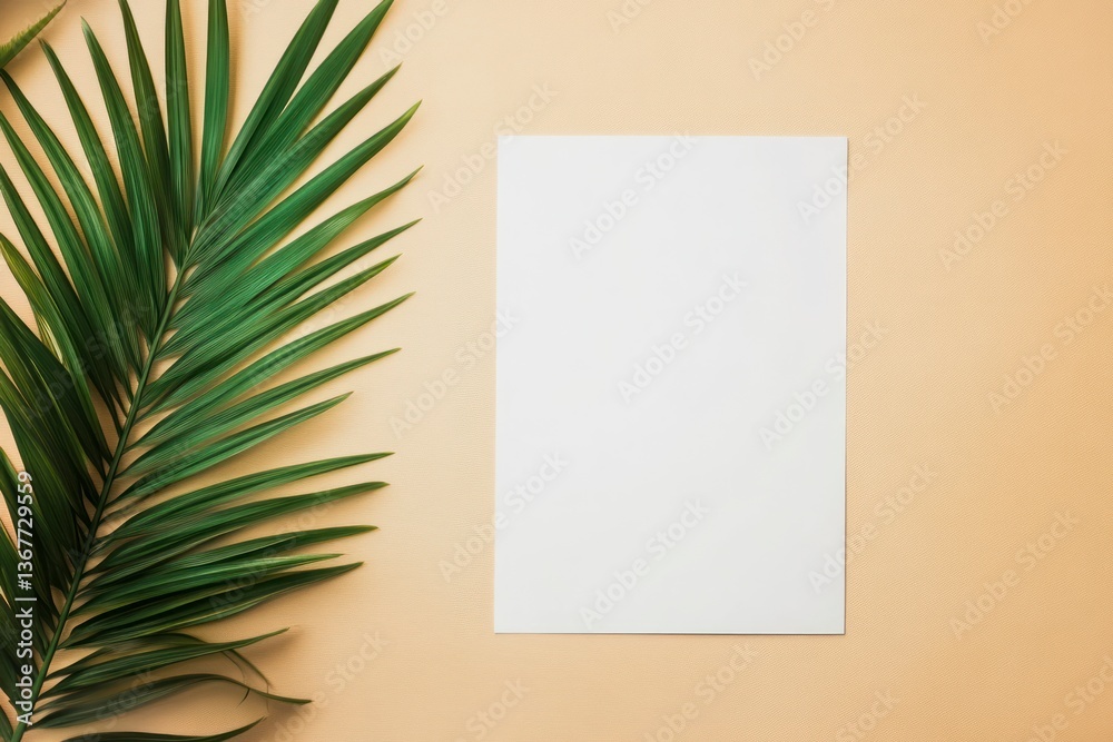 Blank Paper Mockup with Green Palm Leaf on Beige Background Blank Paper Mockup with Green Palm Leaf on Beige Background