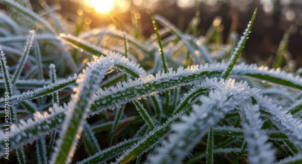 Fototapeta premium Frost-covered grass glistens in morning sunlight, creating a serene winter