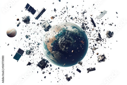 A captivating view of Earth surrounded by swirling debris and space junk amidst the cosmos isolated on transparent background