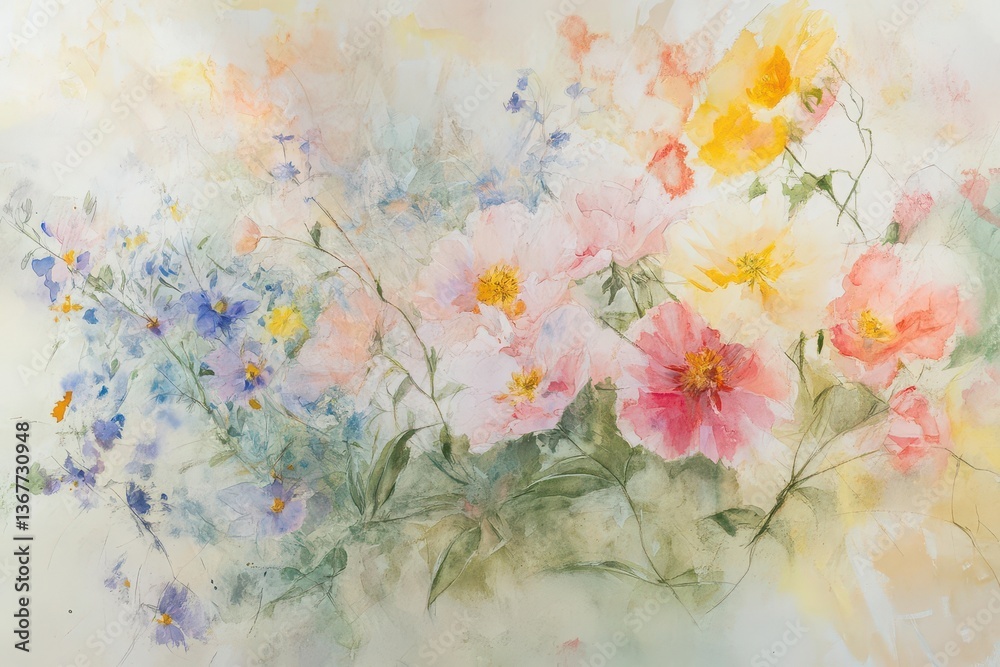 delicate botanical watercolor composition featuring peonies and wildflowers in soft pastels loose brushstrokes flowing organic shapes