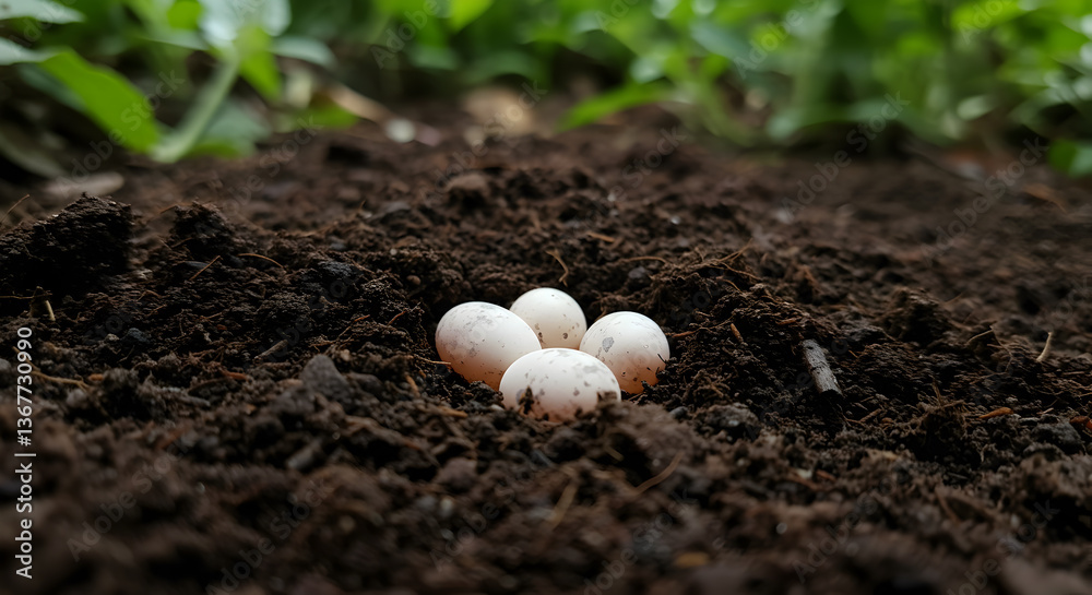 Delicate gecko eggs partially concealed within the dark, fertile soil landscape Delicate gecko eggs partially concealed within the dark, fertile soil landscape