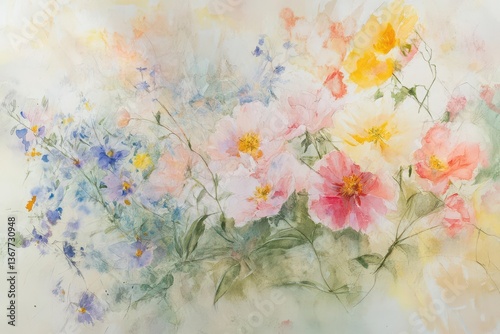 Obraz na płótnie delicate botanical watercolor composition featuring peonies and wildflowers in soft pastels loose brushstrokes flowing organic shapes w salonie
