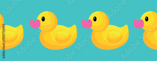 Rubber duck toys. Seamless border with yellow rubber ducks. Flat cartoon style vector illustration.