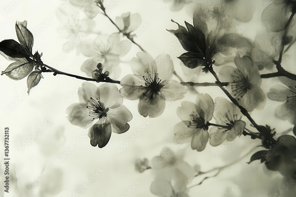 delicate cherry blossoms rendered in traditional chinese ink wash technique ethereal composition with negative space