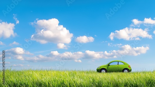 A green car made of grass sits in a lush field under a bright blue sky with fluffy clouds, symbolizing eco-friendliness and sustainability, Green Technology.
