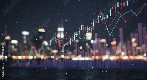 都会夜景に重なる躍動感ある株価チャート 鮮やかな青と赤のグラデーション