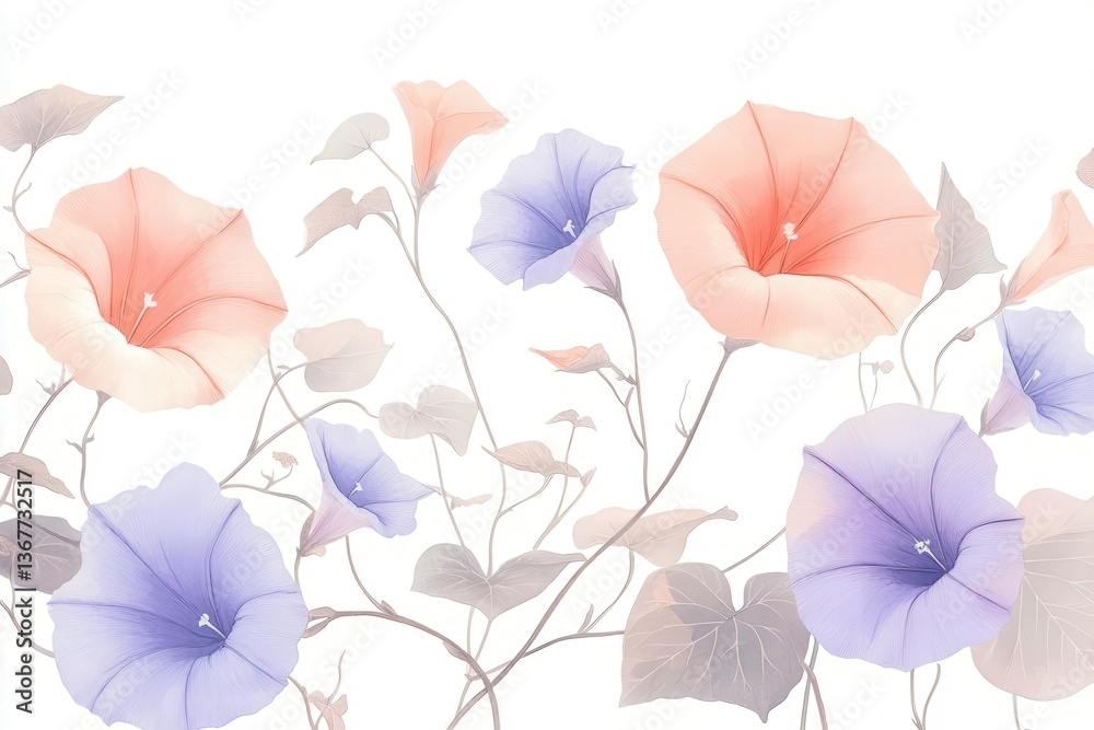 delicate climbing morning glories in watercolor style featuring soft lavender and coral blooms with detailed vine work against white