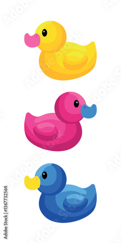 Rubber duck toys set in different colours. Flat cartoon style vector illustration.