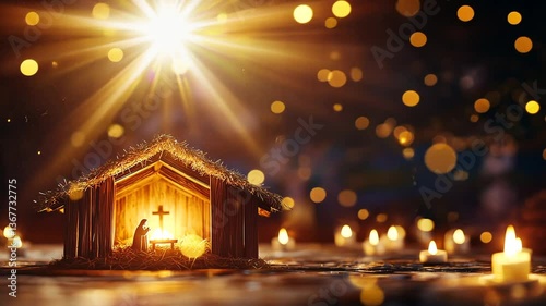 A tranquil 3D nativity scene under a starlit sky, perfect for Christmas worship.