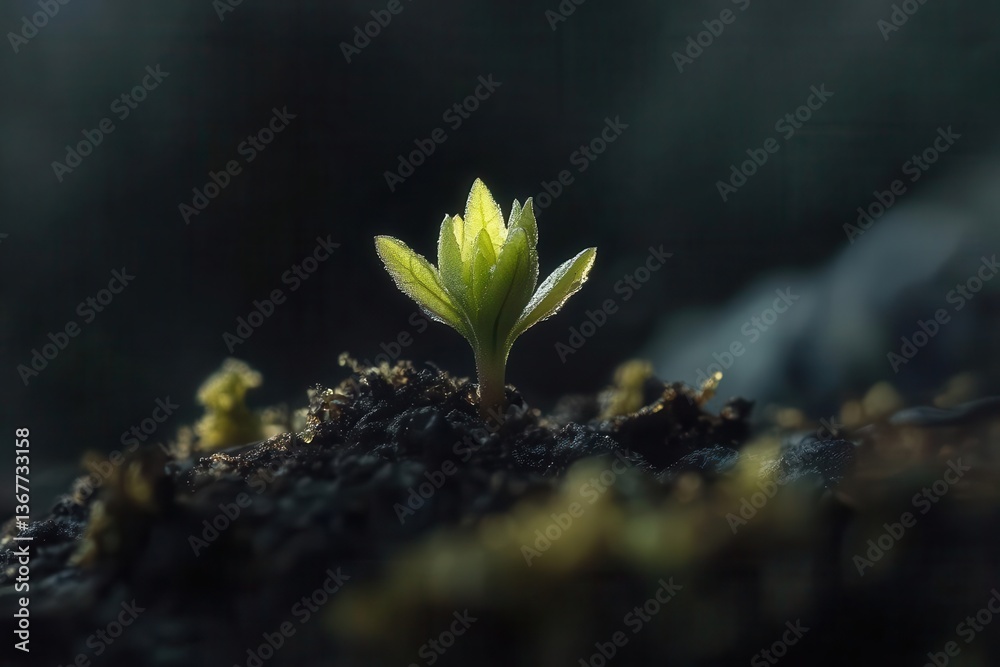 delicate green sprout emerging from rich dark soil captured in macro detail with soft natural lighting and shallow depth of field