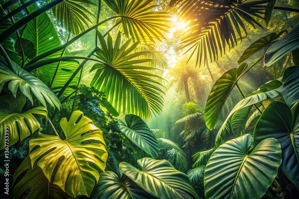 Fototapeta premium Lush Tropical Jungle Leaves Background - Vibrant Green Foliage Texture