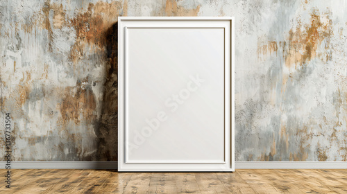 Blank Canvas on Textured Wall: A minimalist white frame stands against a backdrop of a textured and aged wall, inviting you to imagine and create, set on a wooden floor.