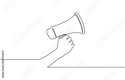 One line hand with megaphone. Person hold loudspeaker in continuous lines style, Line art megaphone announcement, one continuous single line drawing of hand hold a speaker megaphone.