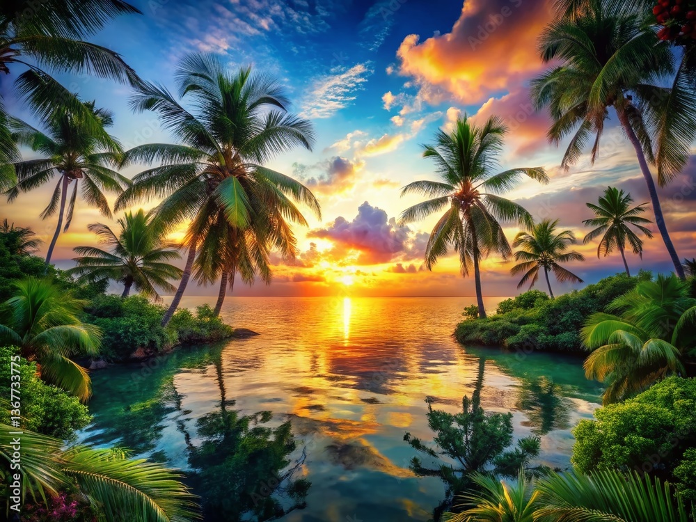 Fototapeta premium Lush Tropical Paradise: Double Exposure of Palm Trees and Ocean Sunset