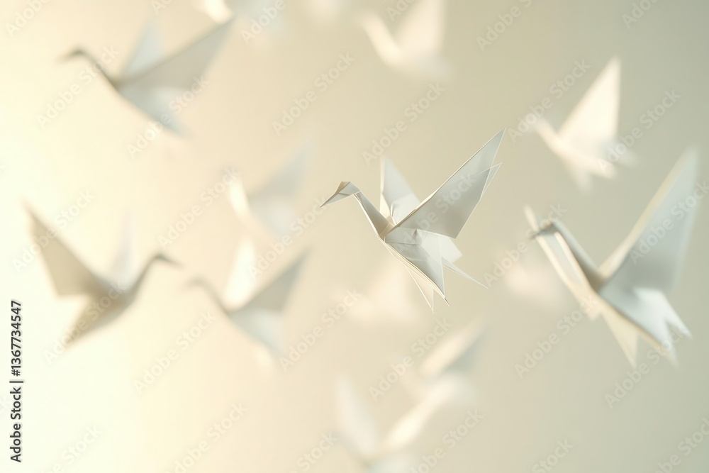 delicate origami cranes floating against a minimalist ivory background with soft shadows and gentle paper texture