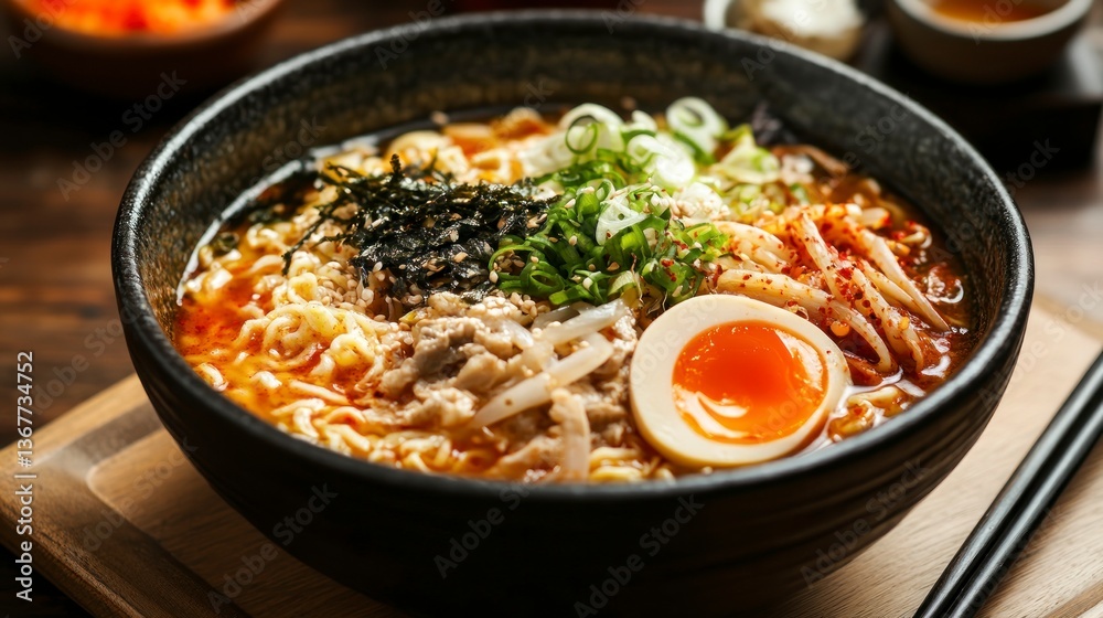 Serving of Delicious Ramen Noodle Soup with Egg and Fresh Vegetables Serving of Delicious Ramen Noodle Soup with Egg and Fresh Vegetables