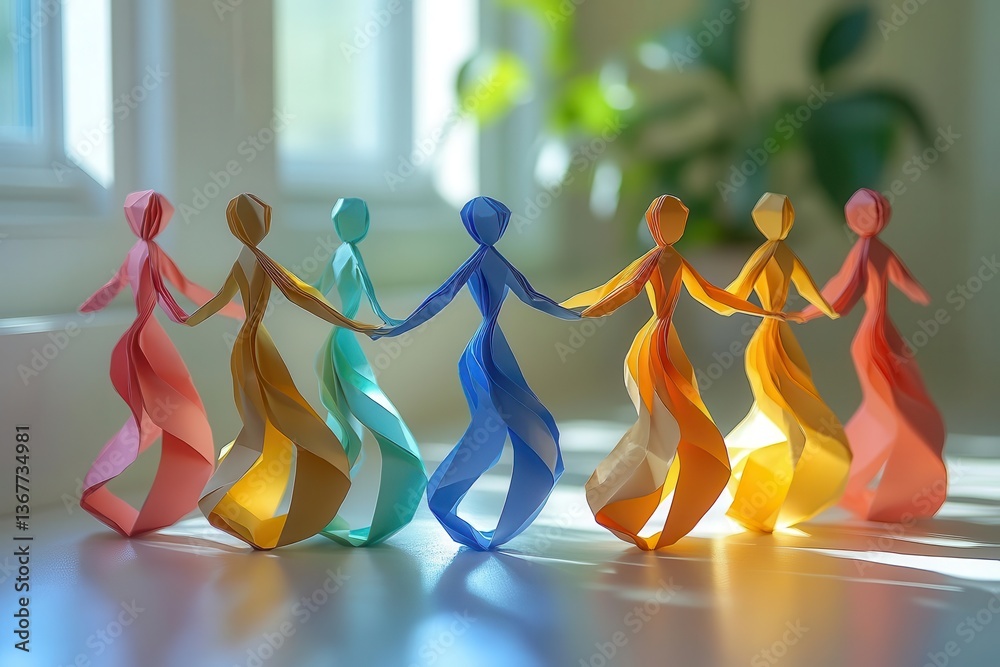 delicate origamistyle paper figures in soft pastels joining hands in a circular dance casting intricate shadows on a minimalist background