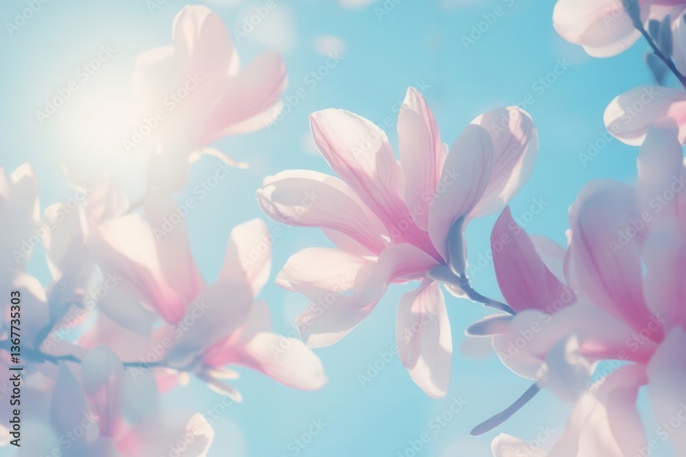 delicate pink magnolia blossoms in full bloom against azure sky soft morning light filtering through translucent petals creating ethereal glow