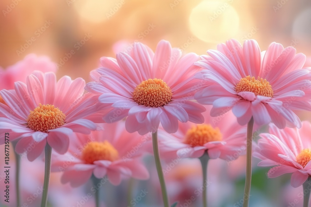 delicate pink paper daisies in morning light soft focus macro photography dreamy botanical composition natural pastel palette