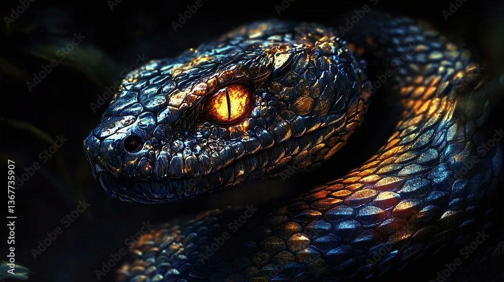 Fototapeta premium A close-up view of a striking snake with a metallic blue and gold scales, featuring a mesmerizing glowing orange eye, set in dark foliage.
