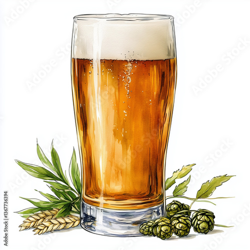Watercolor beer glass and bottle. Watercolor beer glass, pint mug bottle. Food illustration. With watercolor texture. Wheat, hops