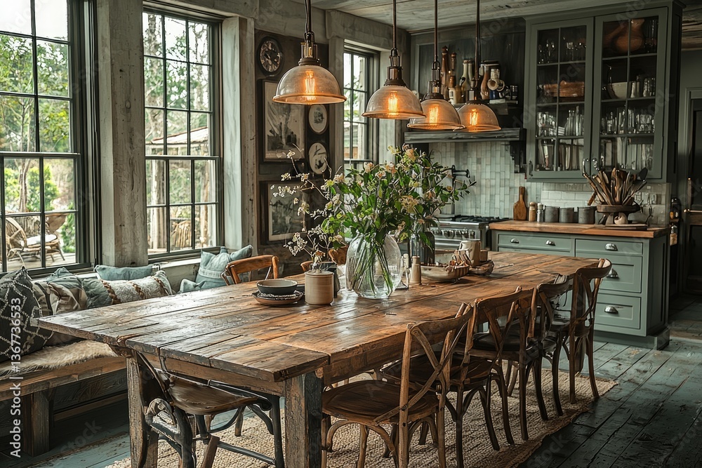 Fototapeta premium Rustic dining room with a large wooden table and decor