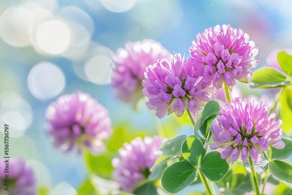 delicate purple clover blossoms swaying in spring breeze dreamy bokeh effects with soft pastel blue sky background