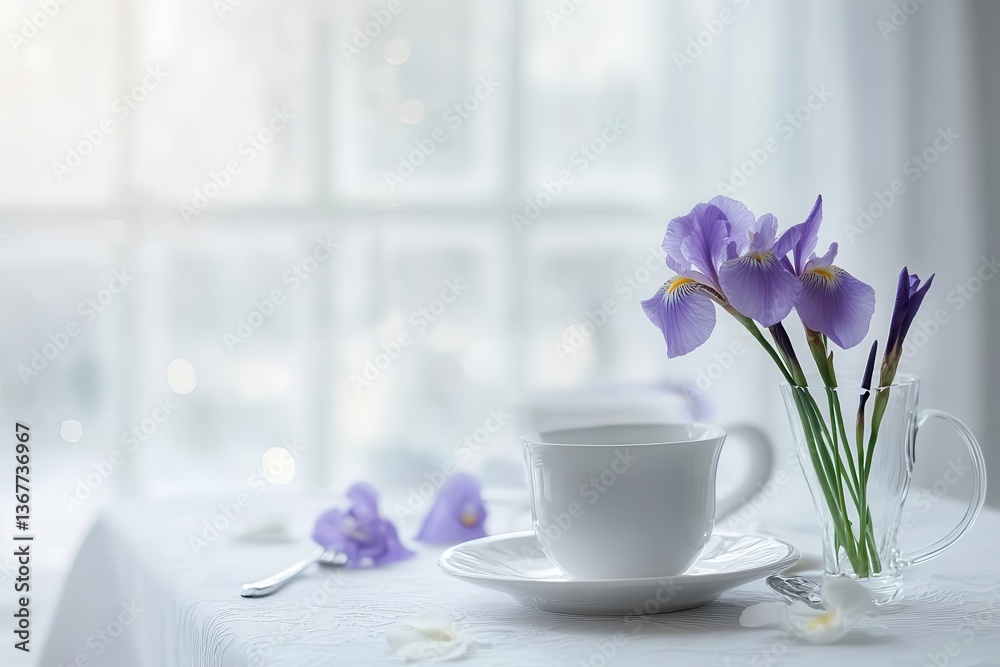 delicate purple iris arrangement on minimalist white table setting soft natural light streaming through window elegant spring dining scene