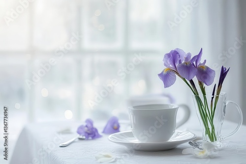 Obraz na płótnie delicate purple iris arrangement on minimalist white table setting soft natural light streaming through window elegant spring dining scene w salonie