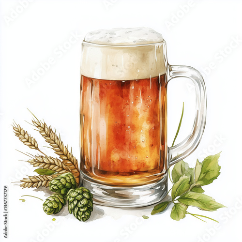 Watercolor beer glass and bottle. Watercolor beer glass, pint mug bottle. Food illustration. With watercolor texture. Wheat, hops