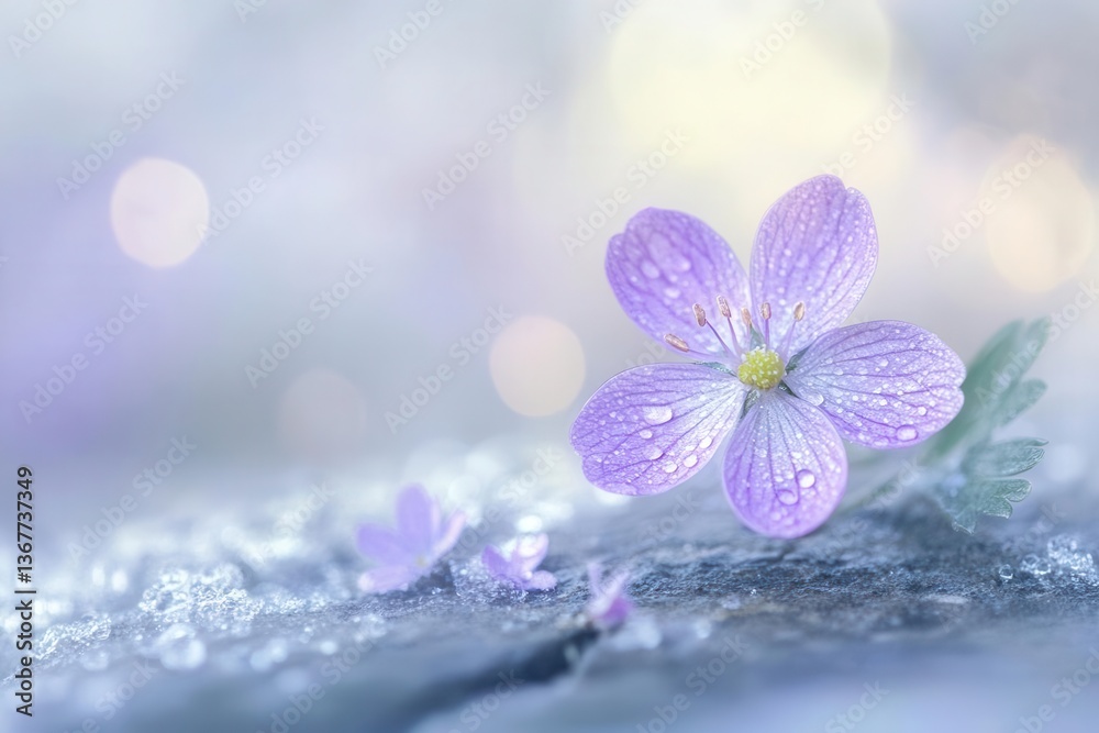 delicate purple wildflower emerging through urban concrete crack morning dew drops glistening soft bokeh background