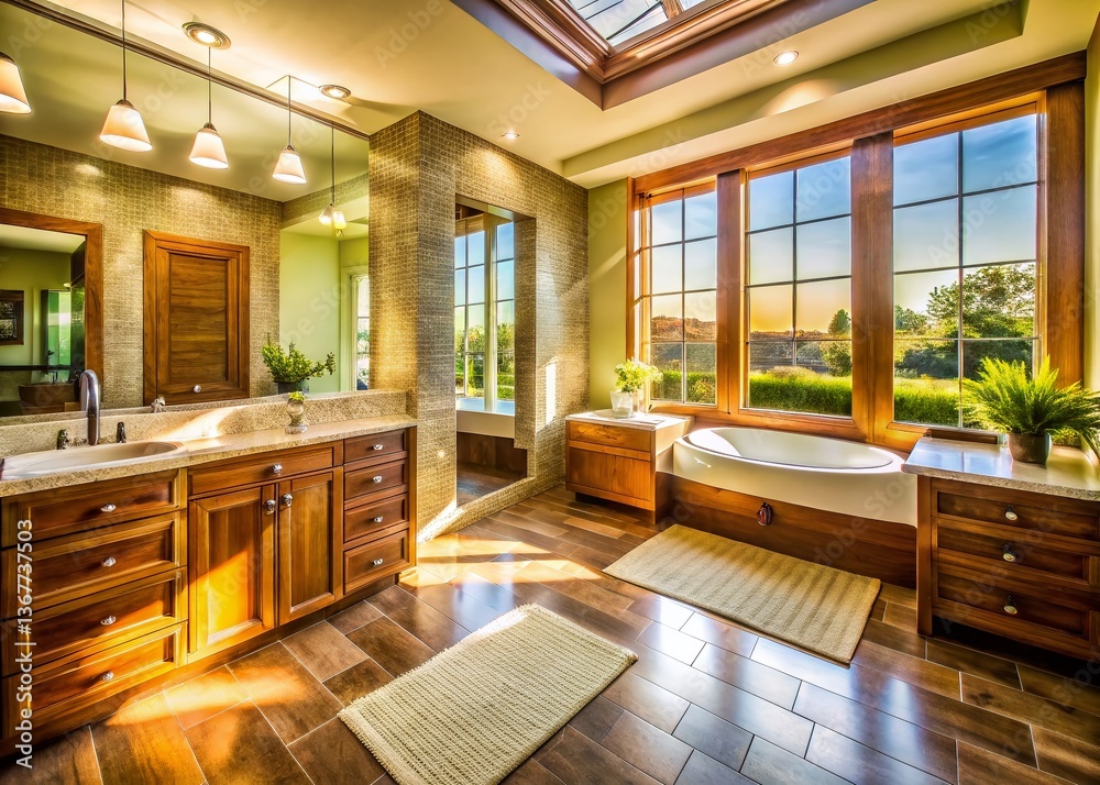 Fototapeta premium Luxurious Family Bathroom: Fine Wood, Tile, & High-End Fixtures - Drone Aerial View