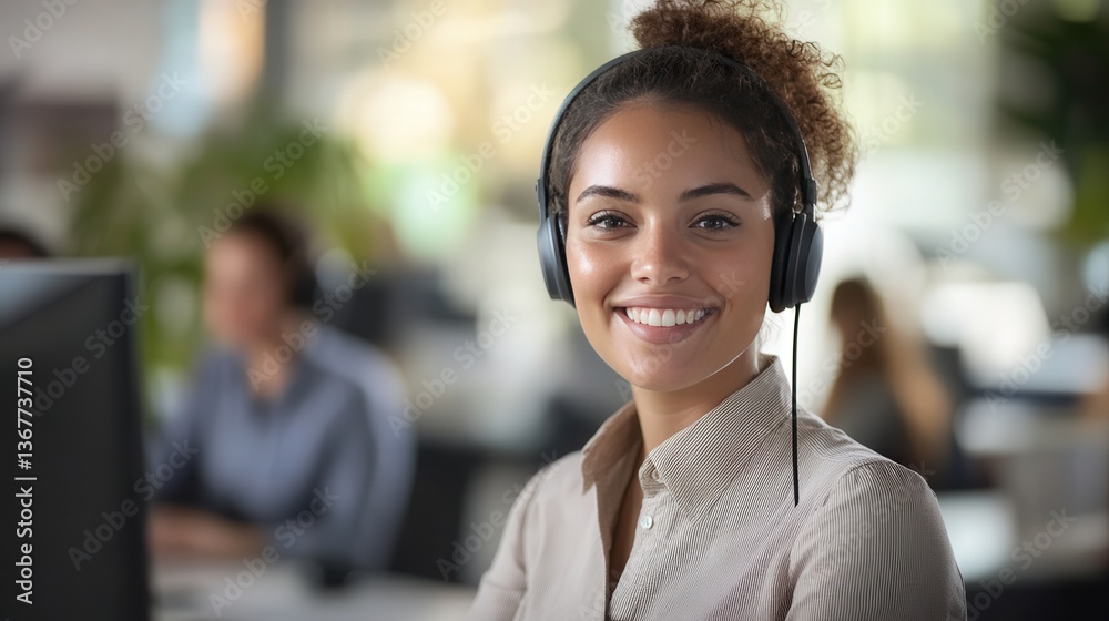 Obraz premium Cheerful Customer Service Agent With Headset In Office