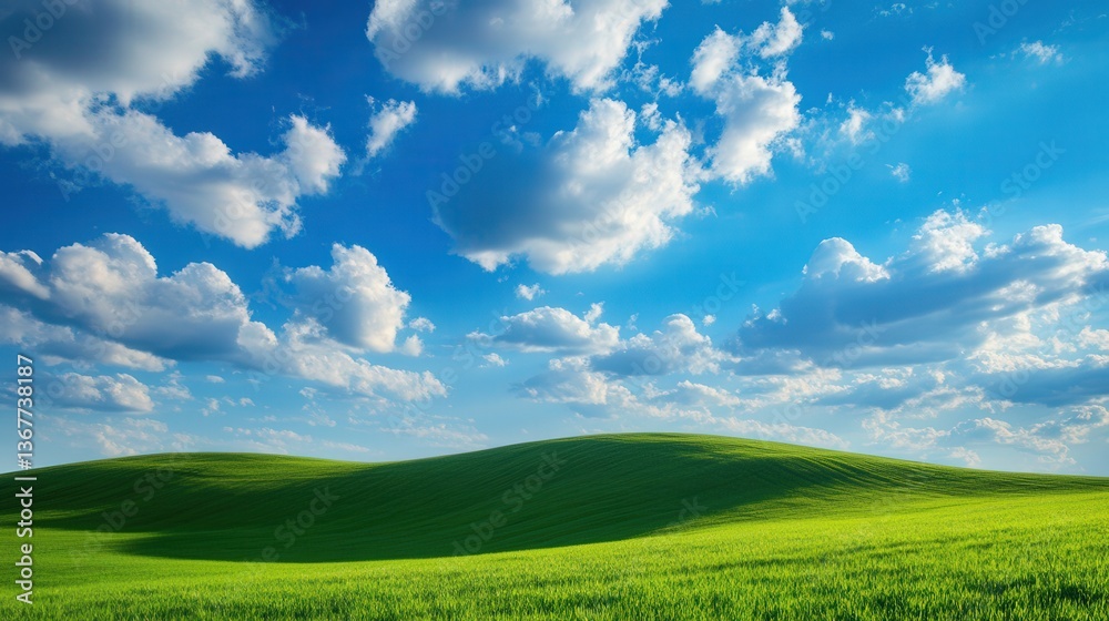 Green Rolling Hills Under Bright Blue Sky with White Clouds Green Rolling Hills Under Bright Blue Sky with White Clouds