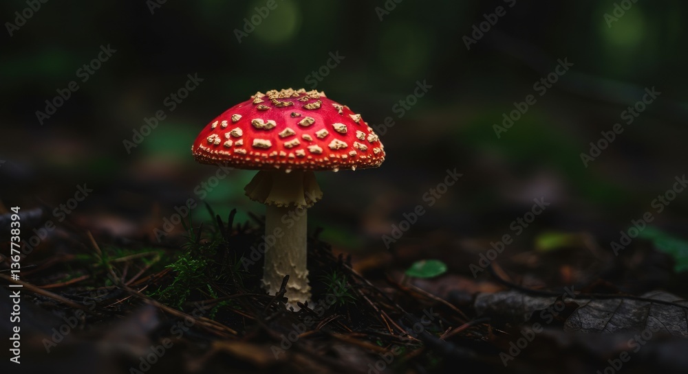 Vibrant red mushroom amidst dark forest floor with fallen leaves and shadows Vibrant red mushroom amidst dark forest floor with fallen leaves and shadows