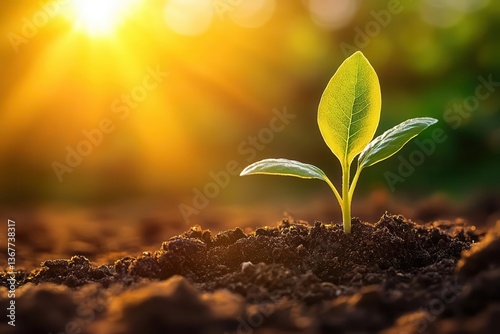 delicate seedling emerging from rich soil backlit by golden sunlight macro photography