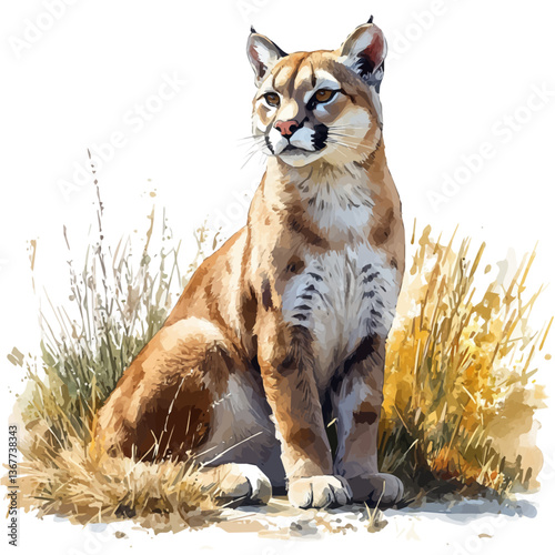 A watercolor painting of a cougar, isolated on a white background. Cougar vector.

