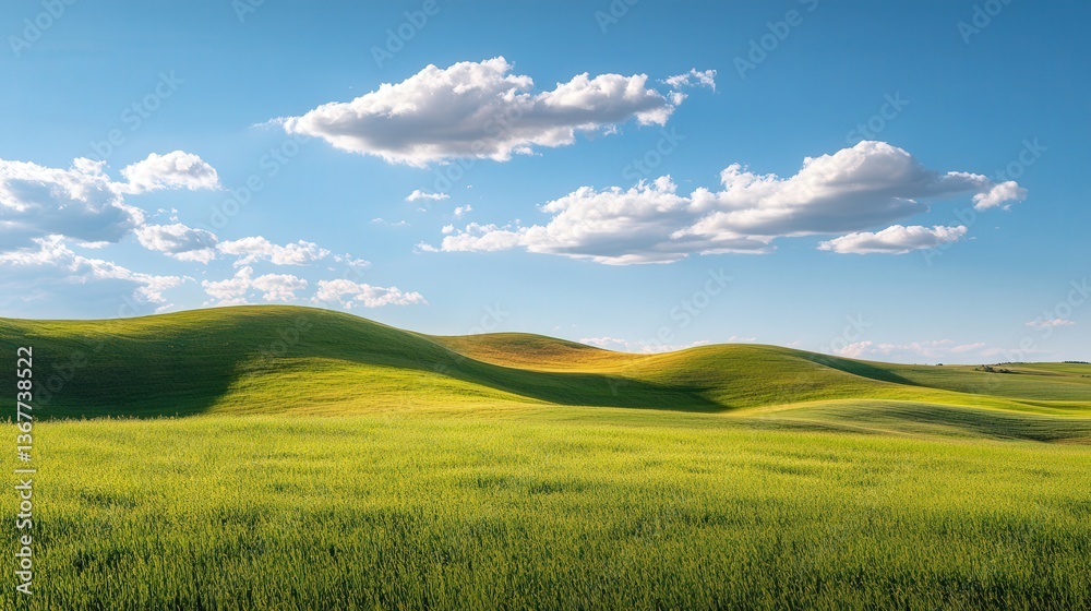 Obraz premium Sunlit Rolling Countryside with Clouds in Blue Sky