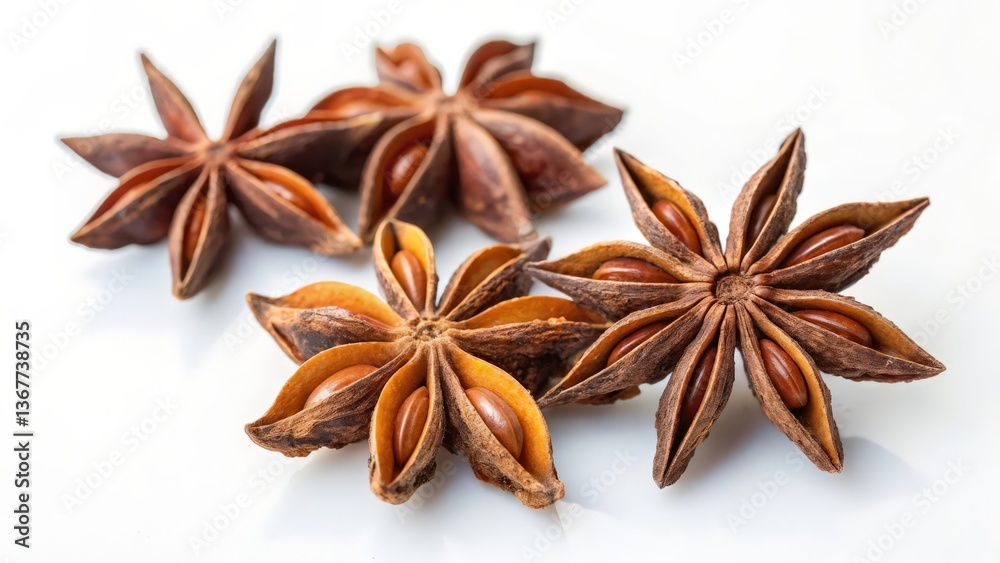Star Anise Spice Pods on White Background for Culinary and Herbal Medicine Photography
Star Anise Spice Pods on White Background for Culinary and Herbal Medicine Photography