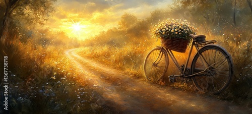 Obraz na płótnie Golden Fields and Silent Roads, Bicycles with baskets w salonie