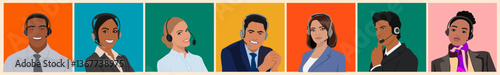 Call center, hotline, customer service representatives with headset vector realistic illustrations isolated. Technical support department workers, telemarketing agents. Multiethnic diverse team.