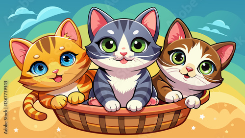 Three Adorable Kittens in a Basket - Cute Cat Photography