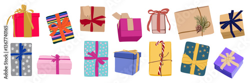 Christmas gifts in wrapping paper set. New Year present boxes in festive wrappings with bows, branches, tags, candy cane. Colorful flat vector illustrations isolated