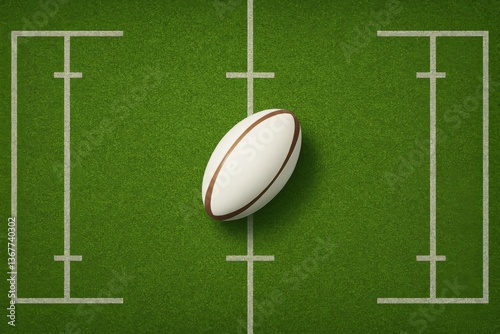 Rugby ball sport sits on a green field and white lines mark the play area in this sports graphic
