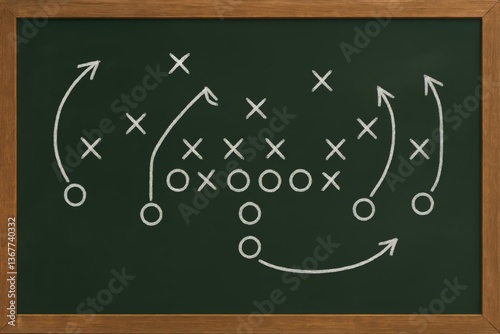 Chalkboard displaying diagram strategy and arrows with Xs and Os for game planning on green background
