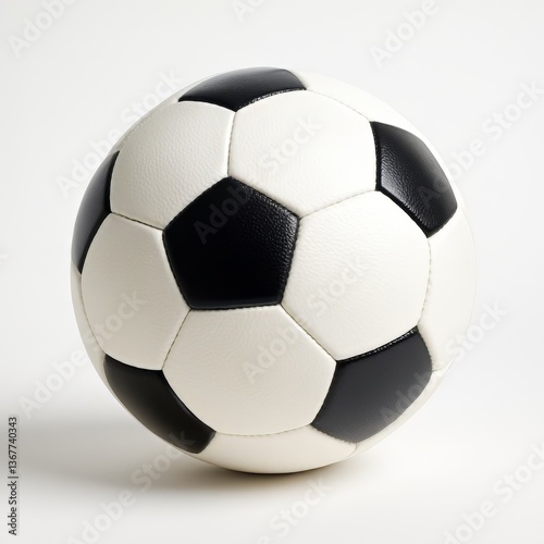 Soccer ball displays black and white panels sitting on a white surface with soft shadows