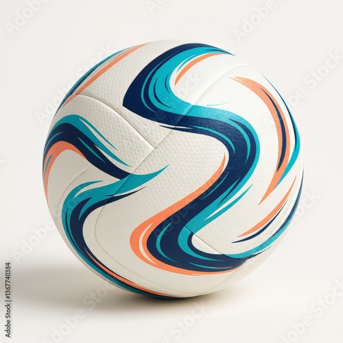 White soccer ball displays abstract design and colorful pattern, sitting on a white background with a faint shadow