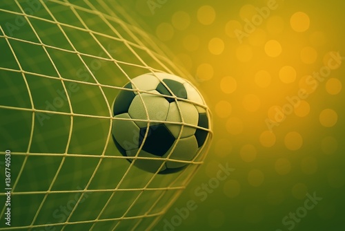 Soccer ball goal illustration shows sport netting and bright background with out-of-focus bokeh