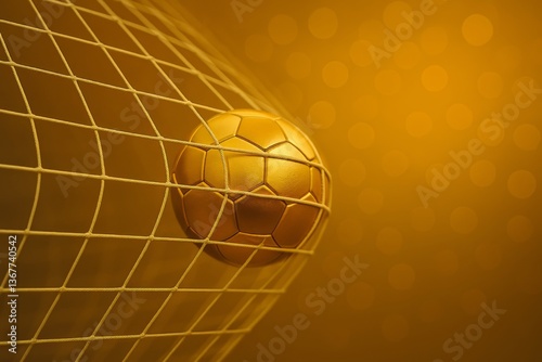 Golden soccer ball scores goal with net against bokeh background