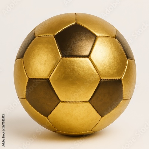 Gold soccer ball shows hex pattern and sporty design, sitting on a plain background with a simple style